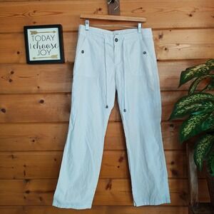 F&F White Linen Blend Trousers Wide Straight Leg Pants Drawstring Sz 8(32) x 30"